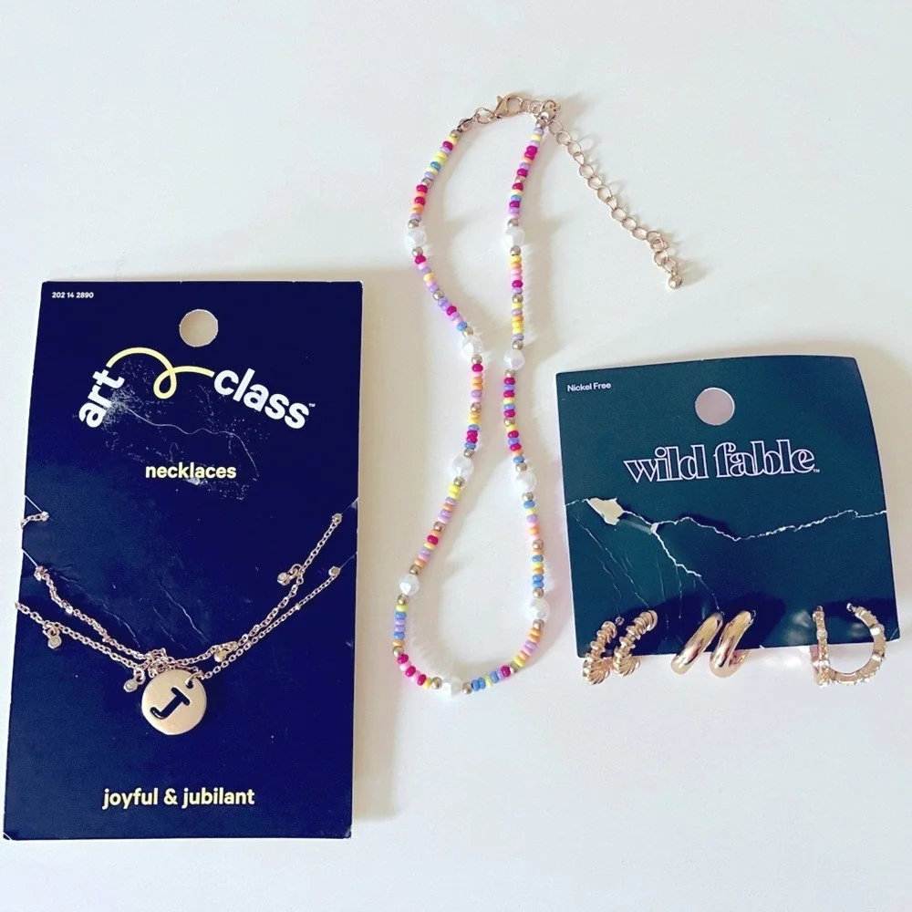 Art Class And Wild Fable Necklaces Hoop Earrings Bundle Gold Tone Colorful